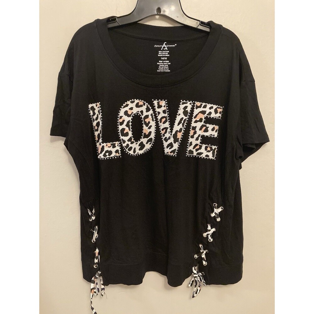 Ashley Stewart Women's Top Black "LOVE" Animal Print Rhinestone Plus 14/16